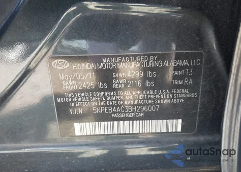 2011 Hyundai Sonata Gls z USA, uszkodzony, nr VIN 5NPEB4AC3BH296007